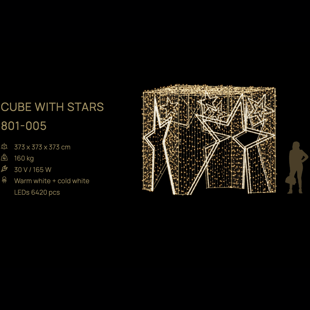Cube with Stars (Warm) — figură LED, 373 × 373 × 373 cm