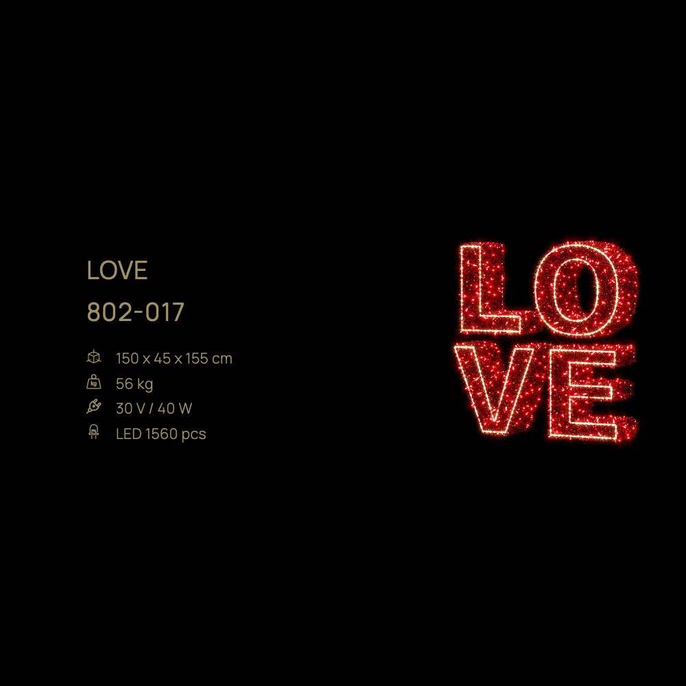 LOVE — figură LED, 150 × 45 × 155 cm