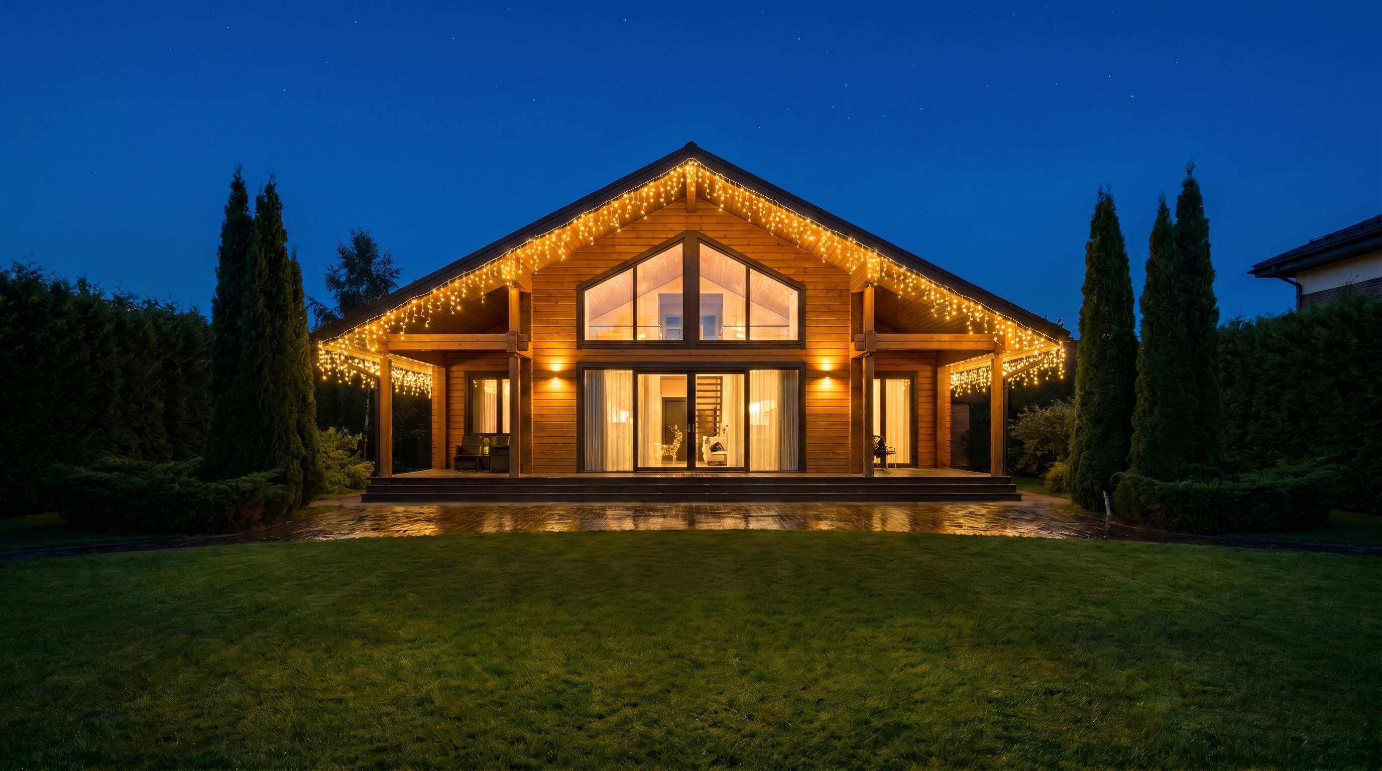 Contur arhitectural LED — boutique-hotel Brașov, ghirlandă pe fațadă, iluminație de Crăciun Carpathian Crafts