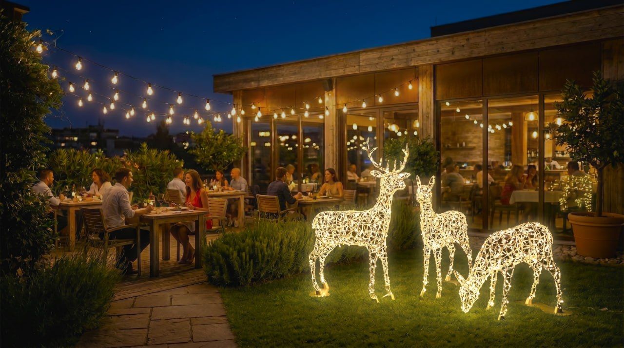 Restaurant cu iluminație LED — după instalarea figurilor luminoase și ghirlandelor de Crăciun Carpathian Crafts